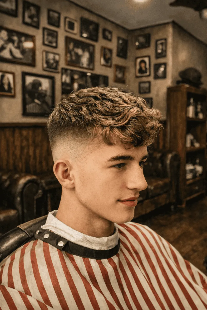 Klasický pánský sestřih typu crop fade v autentickém prostředí Shelby Barber Shopu